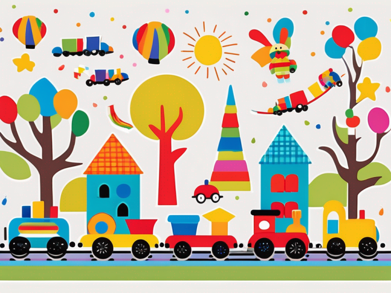 A whimsical scene featuring a colorful assortment of popular toys and gifts for a 2-year-old