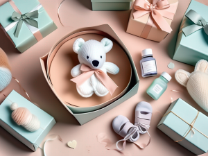 A beautifully wrapped gift box surrounded by soft pastel colors and delicate baby-themed items like tiny booties