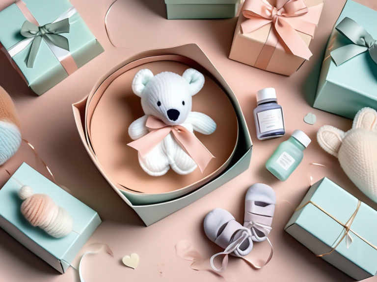 A beautifully wrapped gift box surrounded by soft pastel colors and delicate baby-themed items like tiny booties